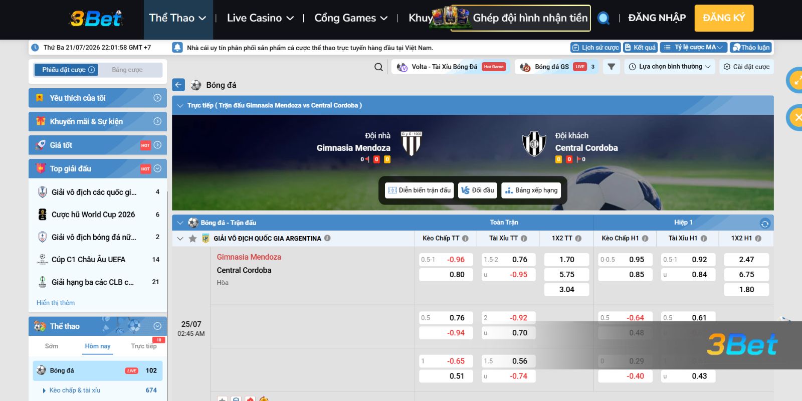 Soi kèo Mendoza vs Cordoba 02h45 ngày 25/07/2026 cùng 3BET