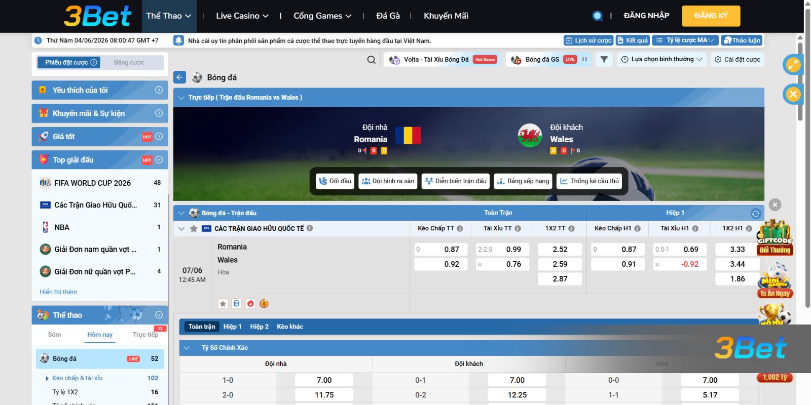 Tỷ lệ kèo Romania vs Wales 00h45 ngày 07/06/2026