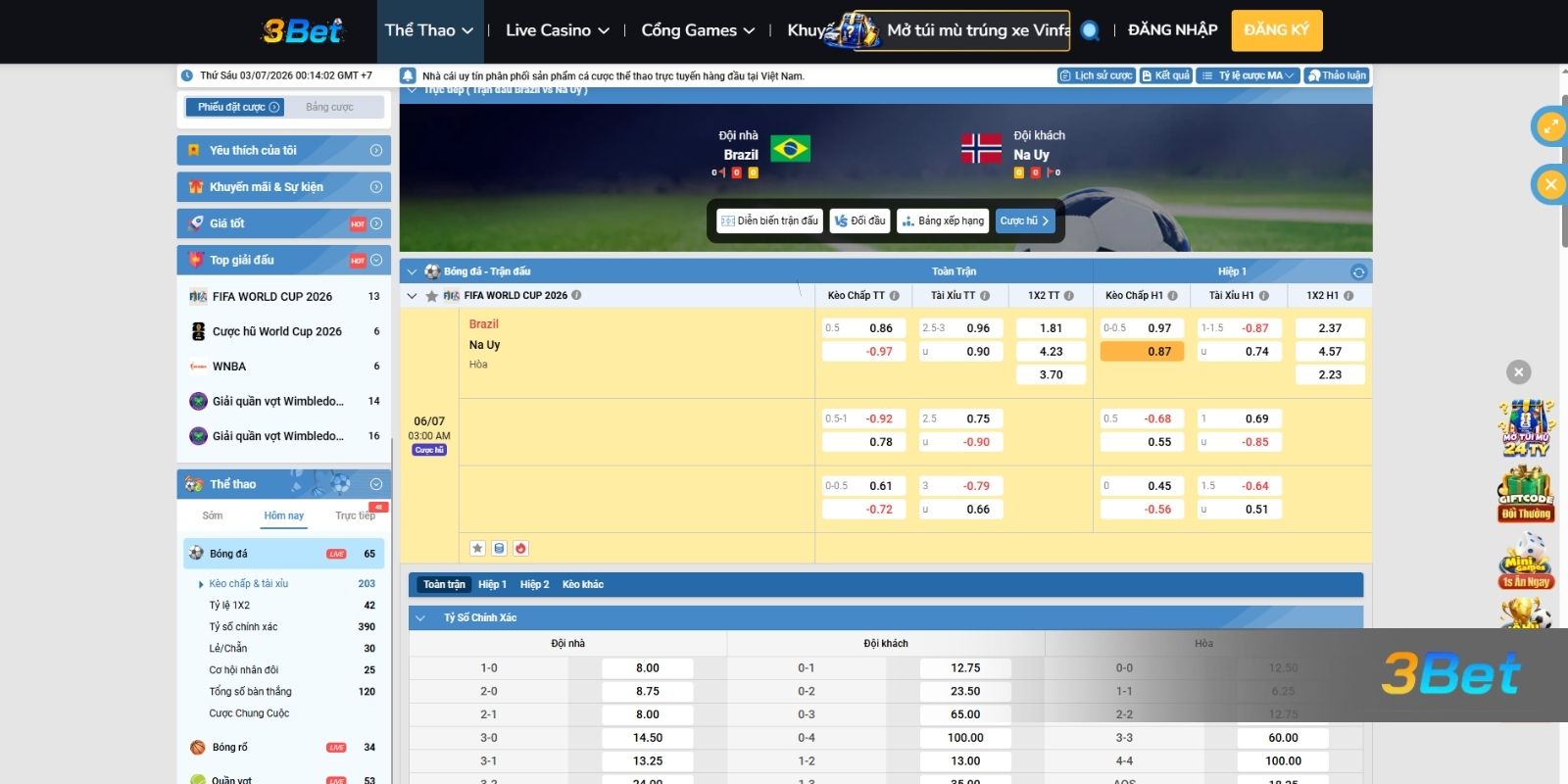 Soi kèo Brazil vs Na Uy 03h00 ngày 06/07/2026 cùng 3BET
