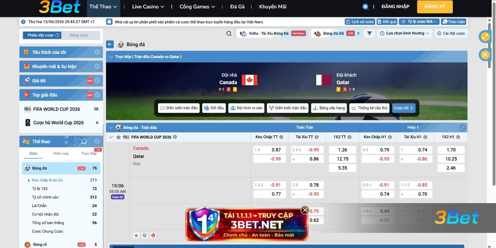 Tỷ lệ kèo Canada vs Qatar 05h00 ngày 19/06/2026