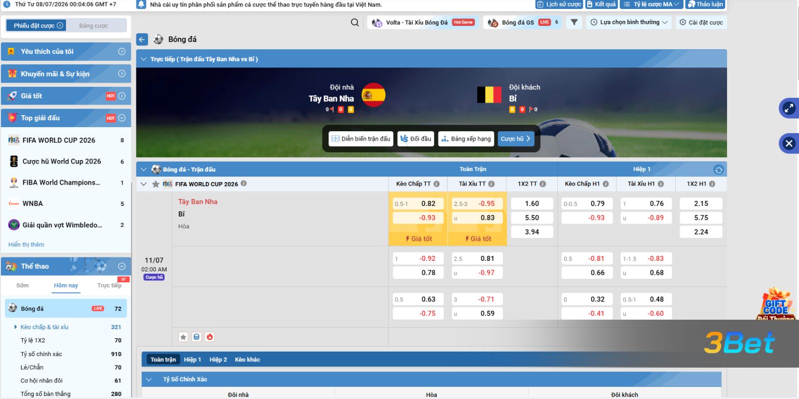 Soi kèo Tây Ban Nha vs Bỉ 02h00 ngày 11/07/2026 cùng 3BET