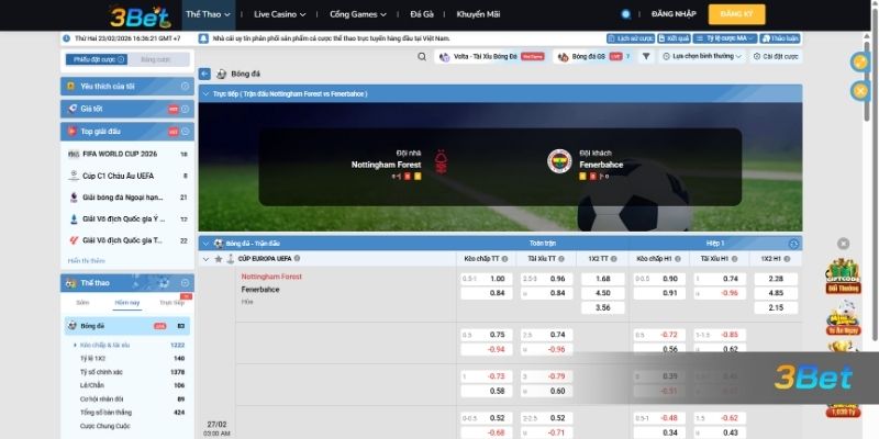 Tỷ lệ kèo Nottingham vs Fenerbahce 03h00 ngày 27/02/2026