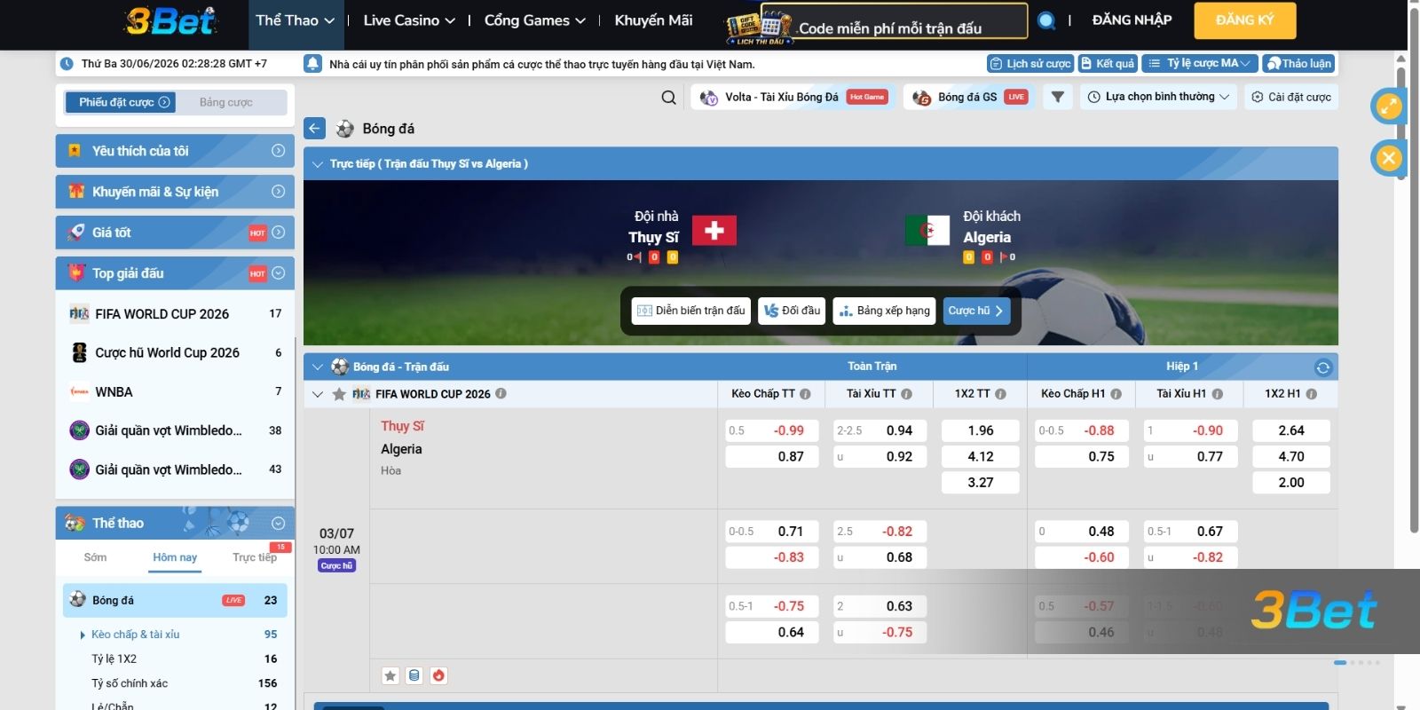 Soi kèo Thụy Sĩ vs Algeria 10h00 ngày 03/07/2026 cùng 3BET