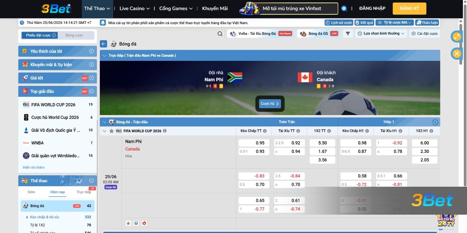 Soi kèo Nam Phi vs Canada 02h00 ngày 29/06/2026 cùng 3BET