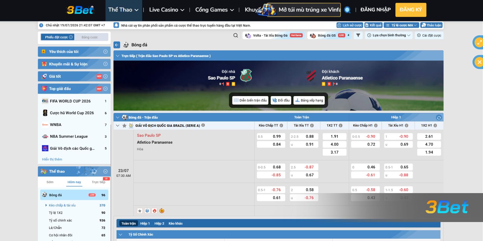 Soi kèo Sao Paulo vs Atletico 07h30 ngày 23/07/2026 cùng 3BET