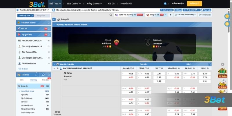 Tỷ lệ kèo AS Roma vs Juventus 02h45 ngày 02/03/2026