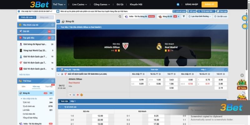 Tỷ lệ kèo Ath Bilbao vs Real Madrid 01h00 ngày 04/12/2025