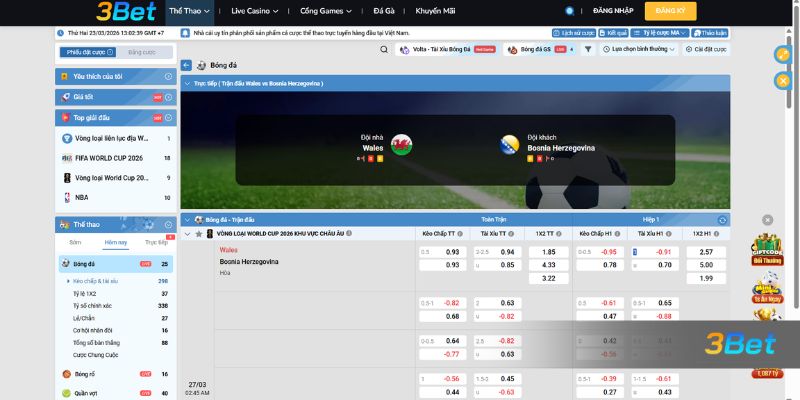 Tỷ lệ kèo Wales vs Bosnia Herzegovina 02h45 ngày 27/03/2026