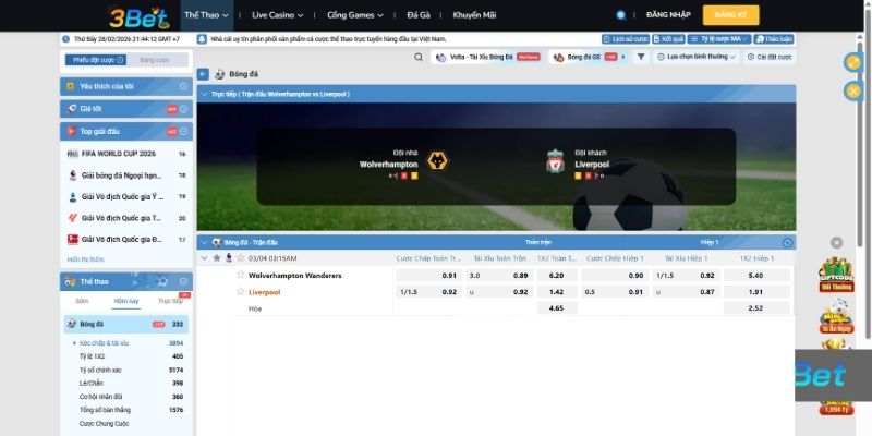Tỷ lệ kèo Wolves vs Liverpool 03h15 ngày 04/03/2026