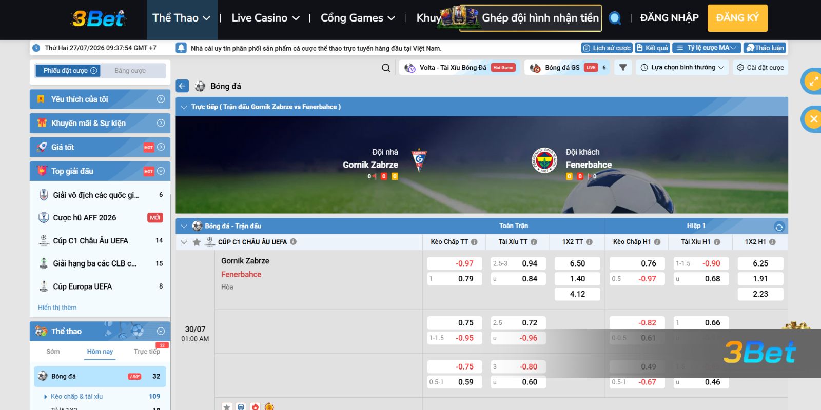 Tỷ lệ kèo Gornik Zabrze vs Fenerbahce 01h00 ngày 30/07/2026
