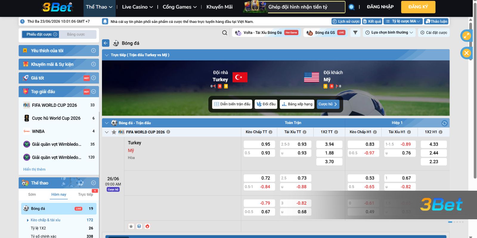 Soi kèo Thổ Nhĩ Kỳ vs Mỹ 09h00 ngày 26/06/2026 cùng 3BET