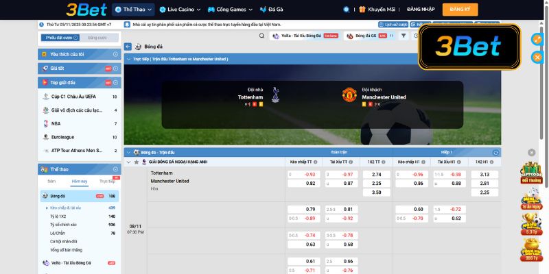 Tỷ lệ kèo Tottenham vs Man United 19h30 ngày 08/11/2025