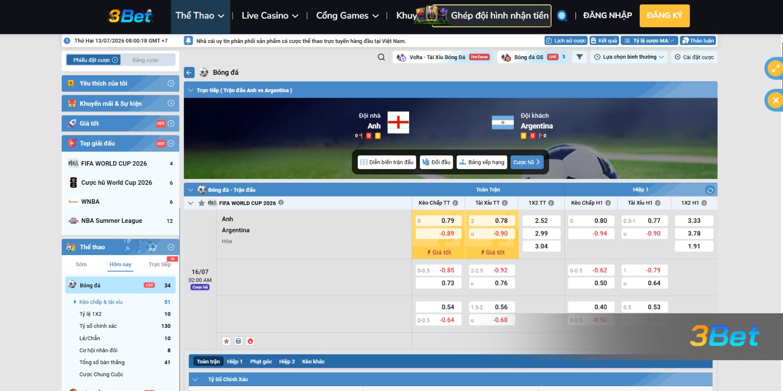Soi kèo Anh vs Argentina 02h00 ngày 16/07/2026 cùng 3BET