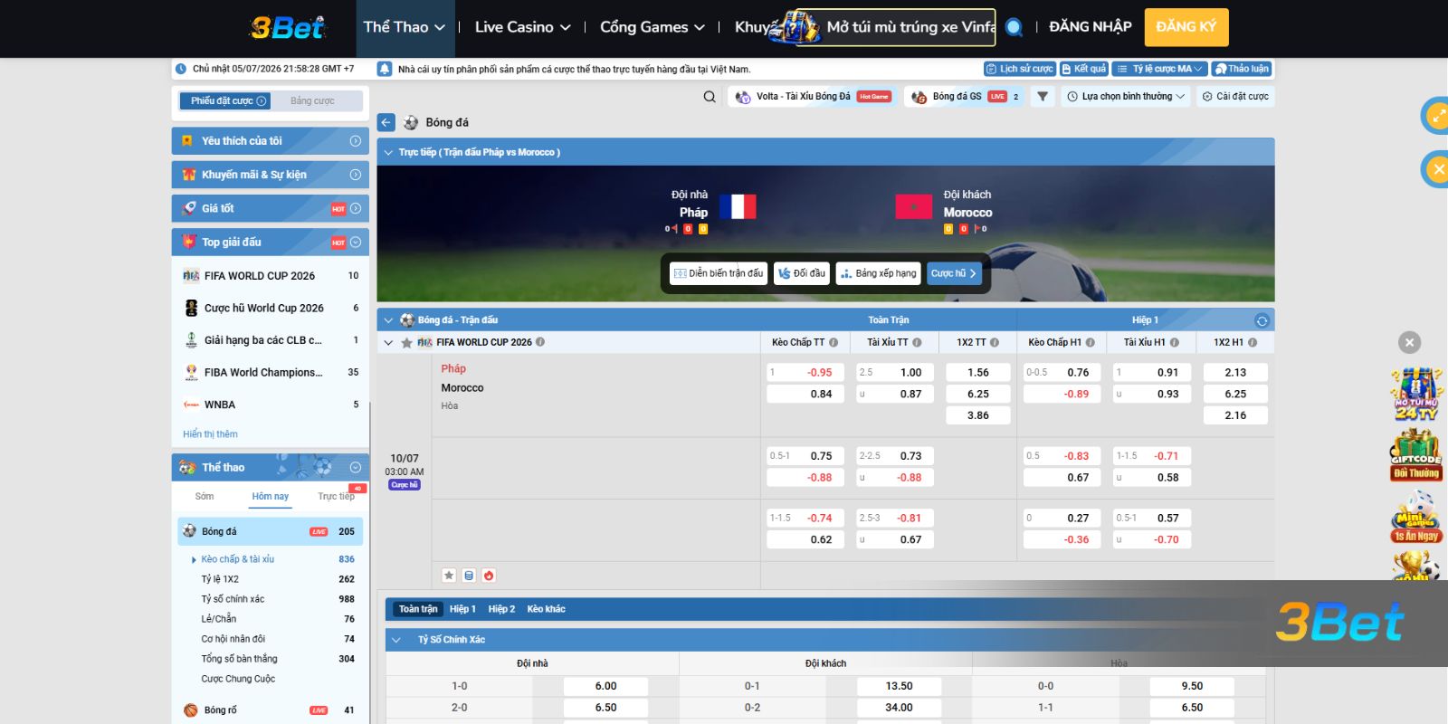 Soi kèo Pháp vs Morocco 03h00 ngày 10/07/2026 cùng 3BET