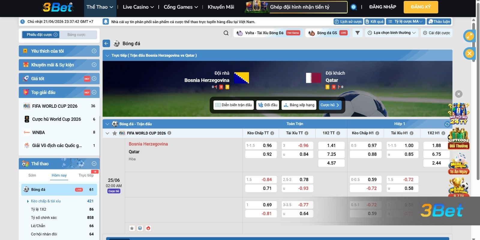 Tỷ lệ kèo Bosnia & Herzegovina vs Qatar 02h00 ngày 25/06/2026