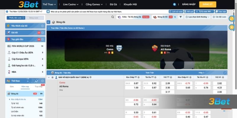 Tỷ lệ kèo Como vs AS Roma 00h00 ngày 16/03/2026