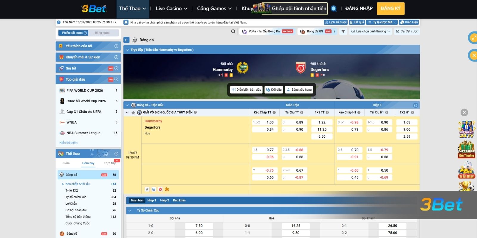 Soi kèo Hammarby vs Degerfors 21h30 ngày 19/07/2026 cùng 3BET