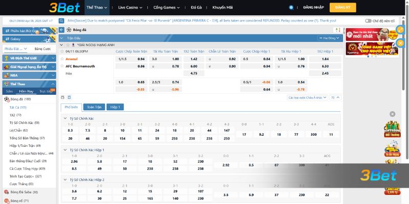 Tỷ lệ kèo Arsenal vs Bournemouth 18h30 ngày 11/04/2026