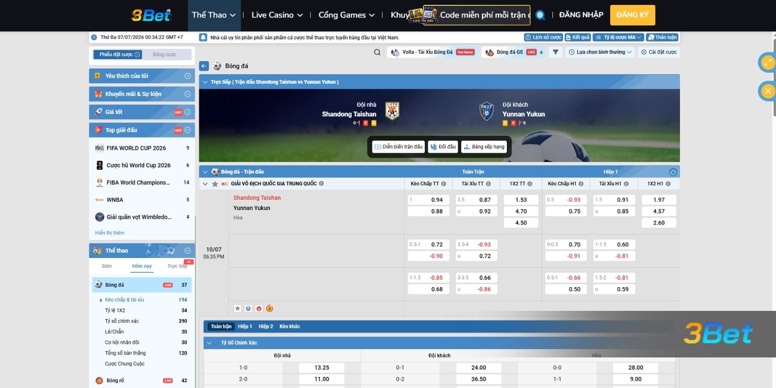 Soi kèo Shandong vs Yunnan Yukun 18h35 ngày 10/07/2026 cùng 3BET