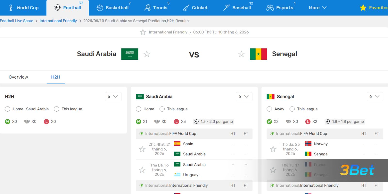 Soi kèo Saudi Arabia vs Senegal 06h00 ngày 10/06/2026 cùng 3BET