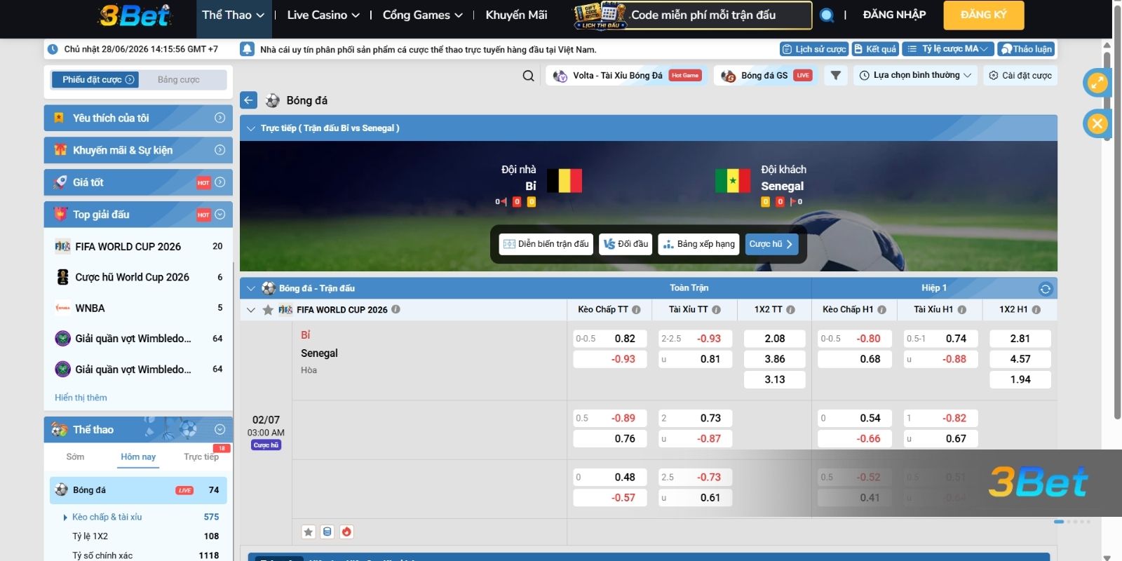 Soi kèo Bỉ vs Senegal 03h00 ngày 02/07/2026 cùng 3BET