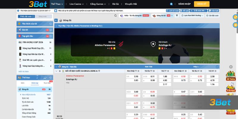Tỷ lệ kèo Athletico-PR vs Botafogo 05h30 ngày 30/03/2026