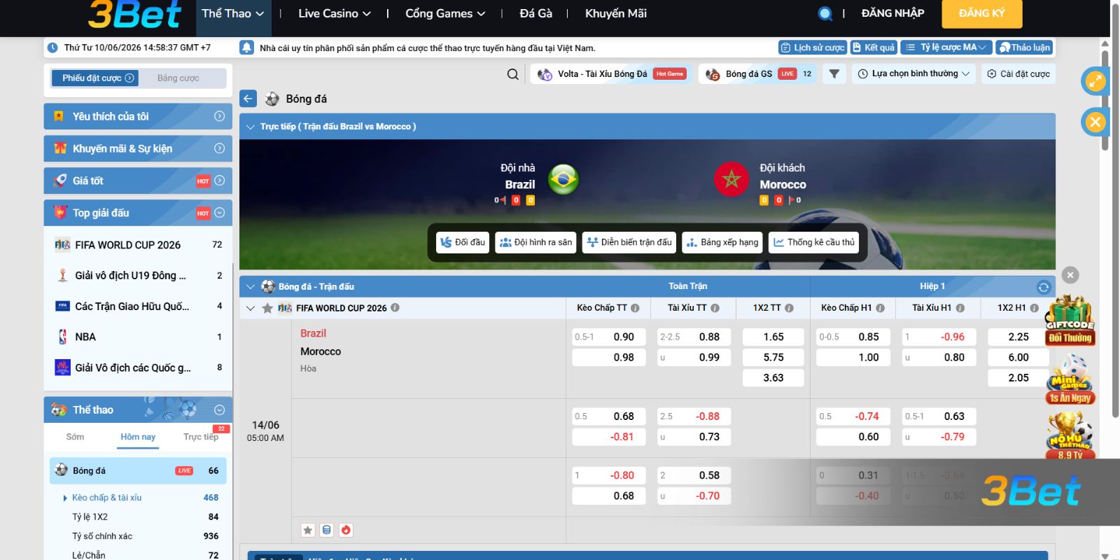 Tỷ lệ kèo Brazil vs Morocco 05h00 ngày 14/06/2026