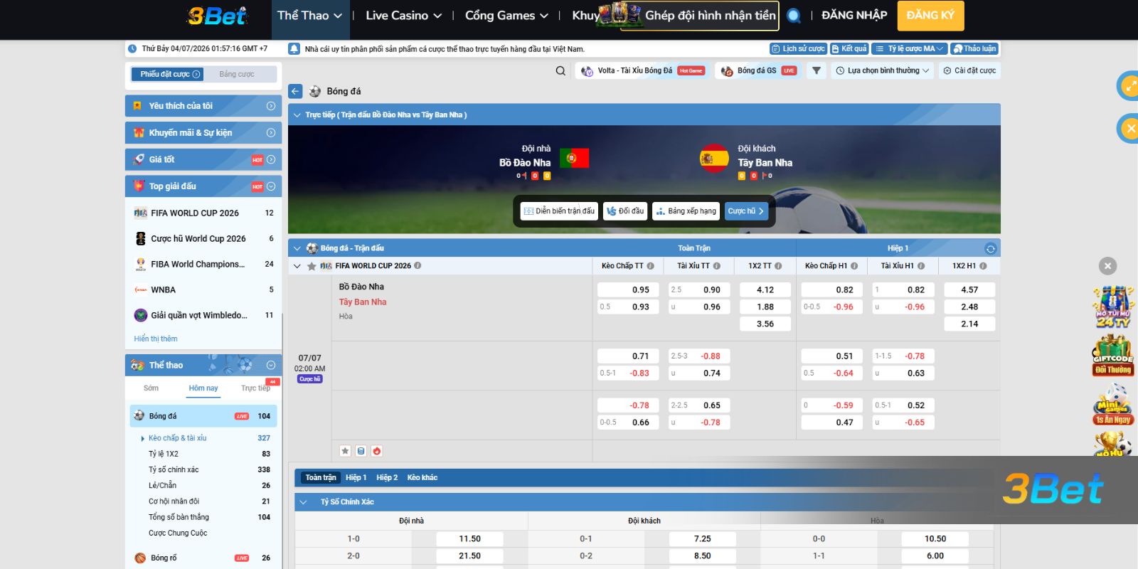 Soi kèo Bồ Đào Nha vs Tây Ban Nha 02h00 ngày 07/07/2026 cùng 3BET