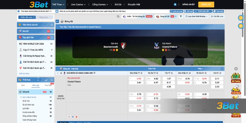 Tỷ lệ kèo Bournemouth vs Crystal Palace 20h00 ngày 03/05/2026