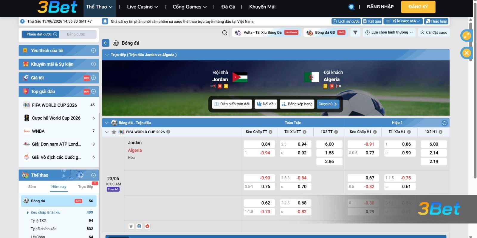 Tỷ lệ kèo Jordan vs Algeria 10h00 ngày 23/06/2026