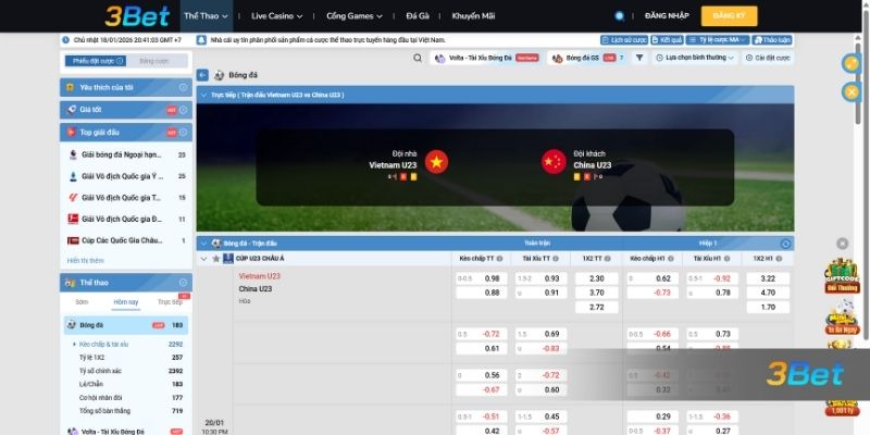 Tỷ lệ kèo U23 Việt Nam vs U23 Trung Quốc 22h30 ngày 20/01/2026