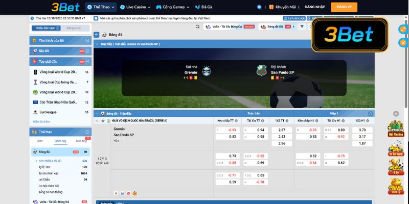 Tỷ lệ kèo Gremio vs Sao Paulo 05h00 ngày 17/10/2025