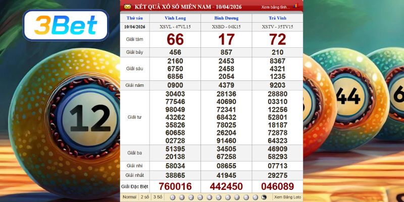 Cùng 3BET thống kê dữ liệu XSMN ngày 10/04/2026