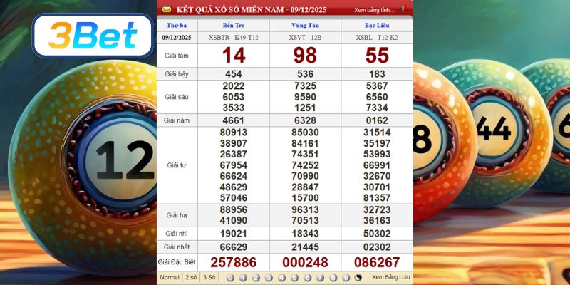 Cùng 3BET thống kê kết quả XSMN kỳ trước ngày 09/12/2025