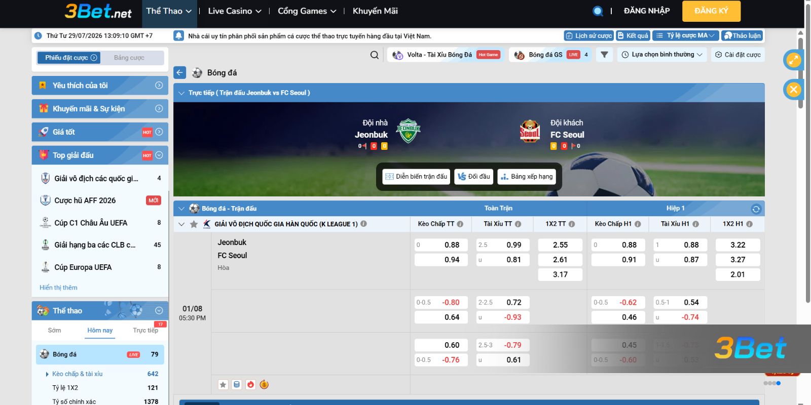 Soi kèo Jeonbuk vs Seoul 17h30 ngày 01/08/2026 cùng 3BET