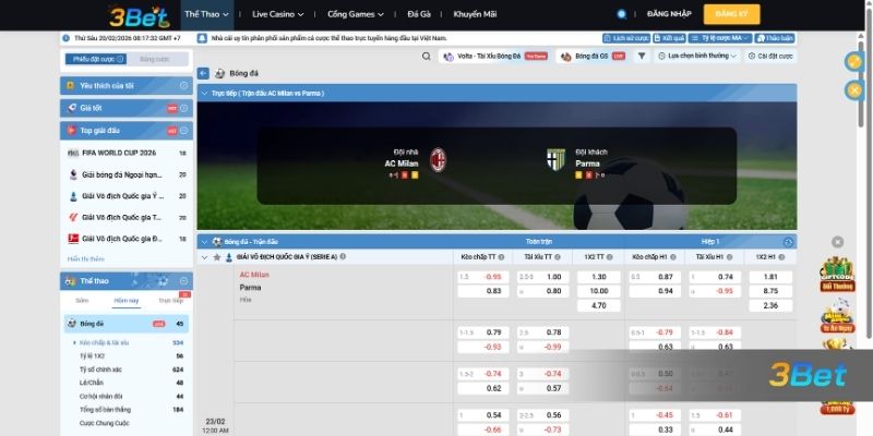 Tỷ lệ kèo AC Milan vs Parma 00h00 ngày 23/02/2026