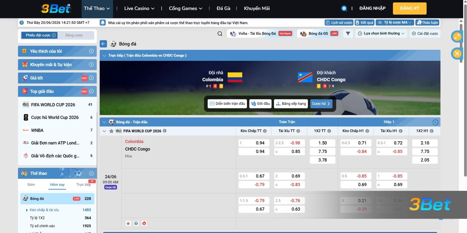 Tỷ lệ kèo Colombia vs CHDC Congo 09h00 ngày 24/06/2026