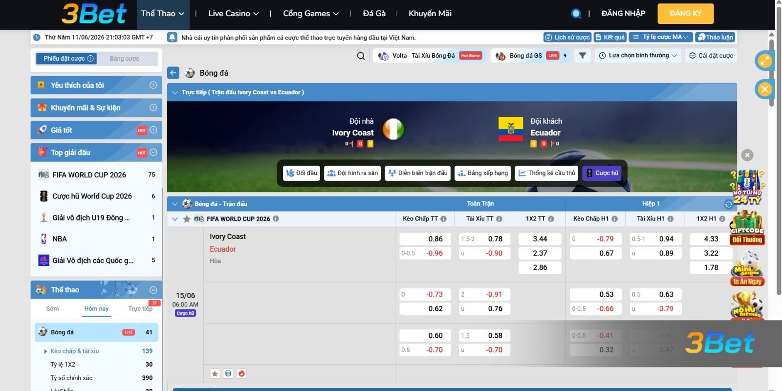 Tỷ lệ kèo Bờ Biển Ngà vs Ecuador 06h00 ngày 15/06/2026