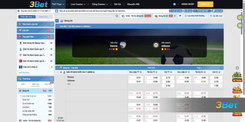 Tỷ lệ kèo Verona vs Udinese 02h45 ngày 27/01/2026