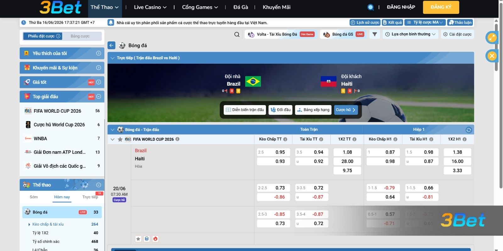 Tỷ lệ kèo Brazil vs Haiti 07h30 ngày 20/06/2026