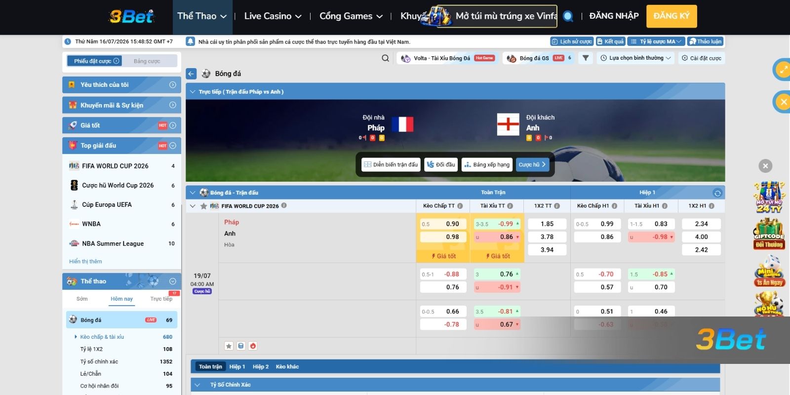 Soi kèo Pháp vs Anh 04h00 ngày 19/07/2026 cùng 3BET