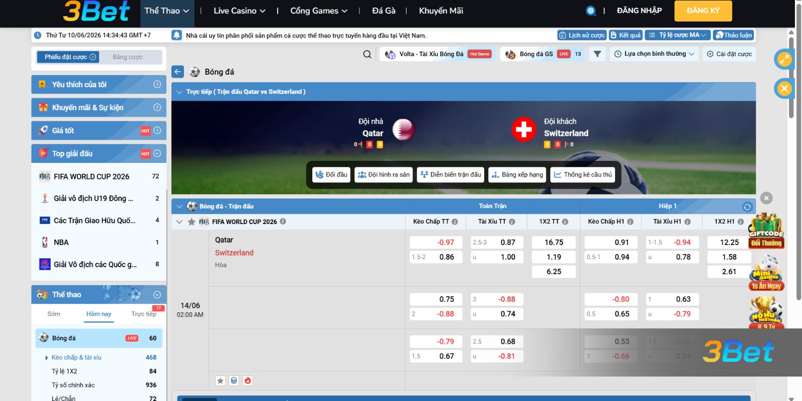 Tỷ lệ kèo Qatar vs Thụy Sĩ 02h00 ngày 14/06/2026