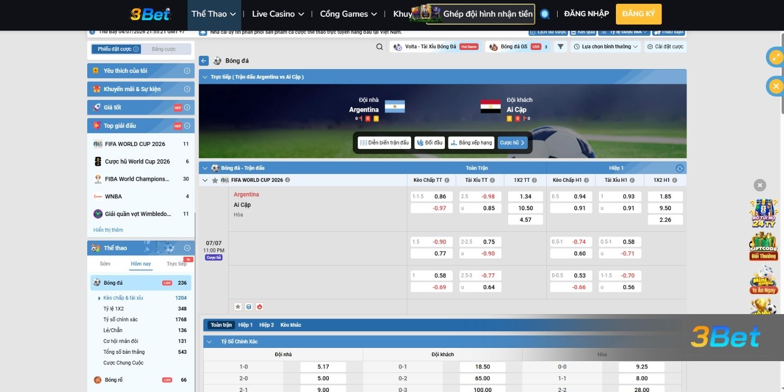 Soi kèo Argentina vs Ai Cập 23h00 ngày 07/07/2026 cùng 3BET