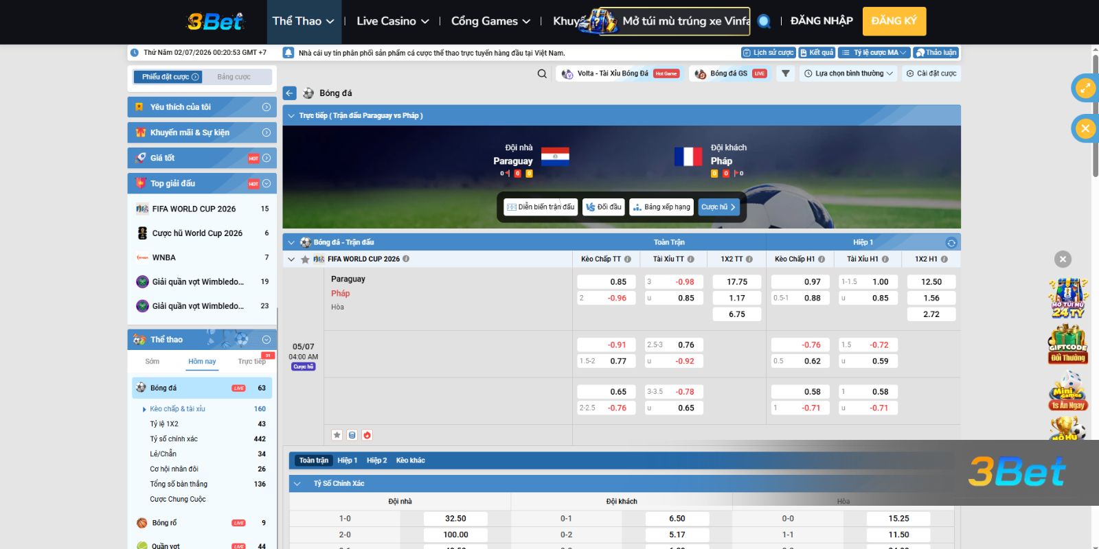 Soi kèo Paraguay vs Pháp 04h00 ngày 05/07/2026 cùng 3BET