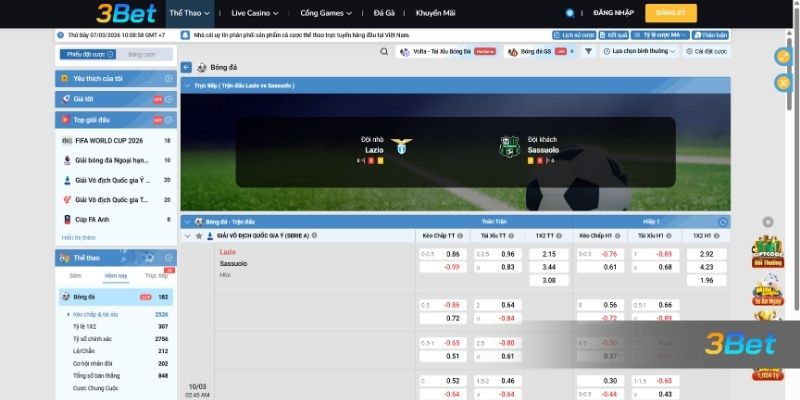 Tỷ lệ kèo Lazio vs Sassuolo 02h45 ngày 10/03/2026