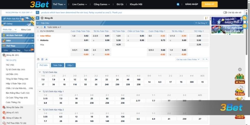 Tỷ lệ kèo Inter Milan vs Atalanta 21h00 ngày 14/03/2026