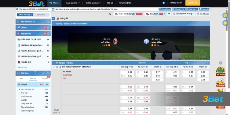 Tỷ lệ kèo AC Milan vs Inter Milan 02h45 ngày 09/03/2026
