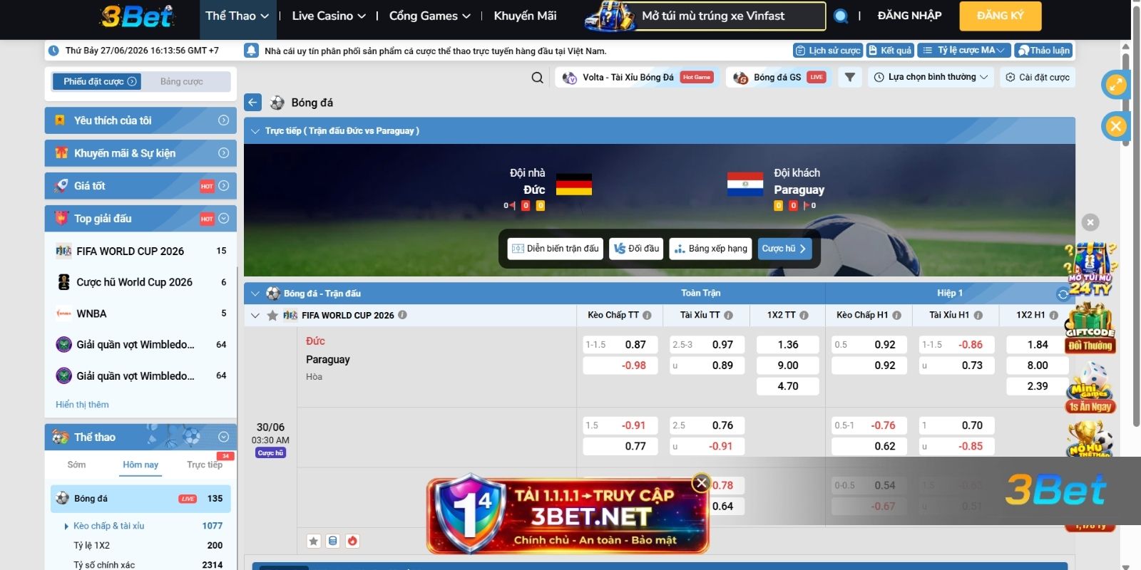 Soi kèo Đức vs Paraguay 03h30 ngày 30/06/2026 cùng 3BET