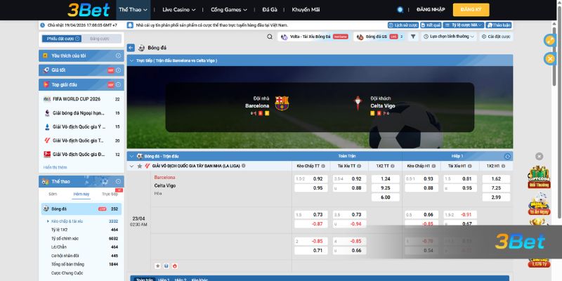 Tỷ lệ kèo Barcelona vs Celta 02h30 ngày 23/04/2026