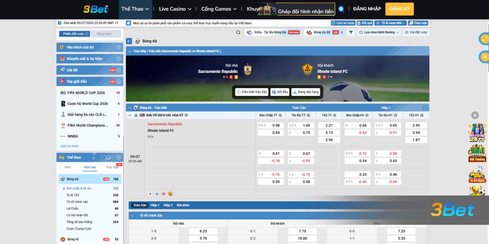Soi kèo Sacramento Republic vs Rhode Island 09/07/2026 cùng 3BET